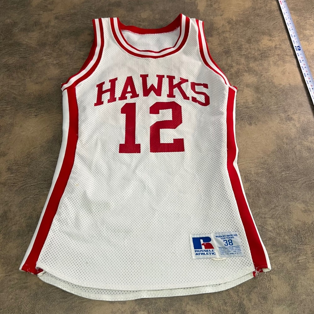 Russell Athletic Basketball Jersey Mens 38 White Hawks 12 Vintage Mesh USA 80s